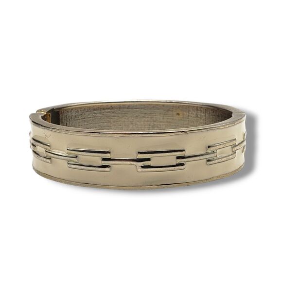 Gold Tone Off White Cream Enamel Art Deco Vintage Hinged Bangle Bracelet - Picture 2 of 12